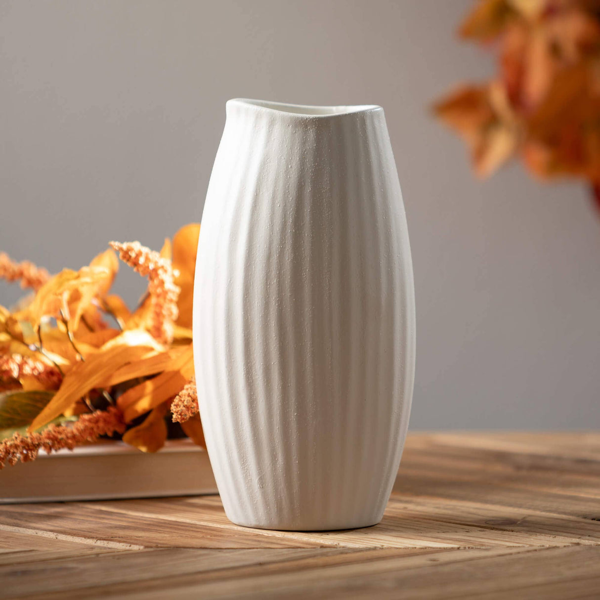 Textured White Ribbed Vase – Matte Ceramic Accent with Sculptural Detail