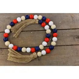 Stars & Sentiment Americana Beaded Garland 37" Red, White & Blue Wood Beads with Tassel Ends