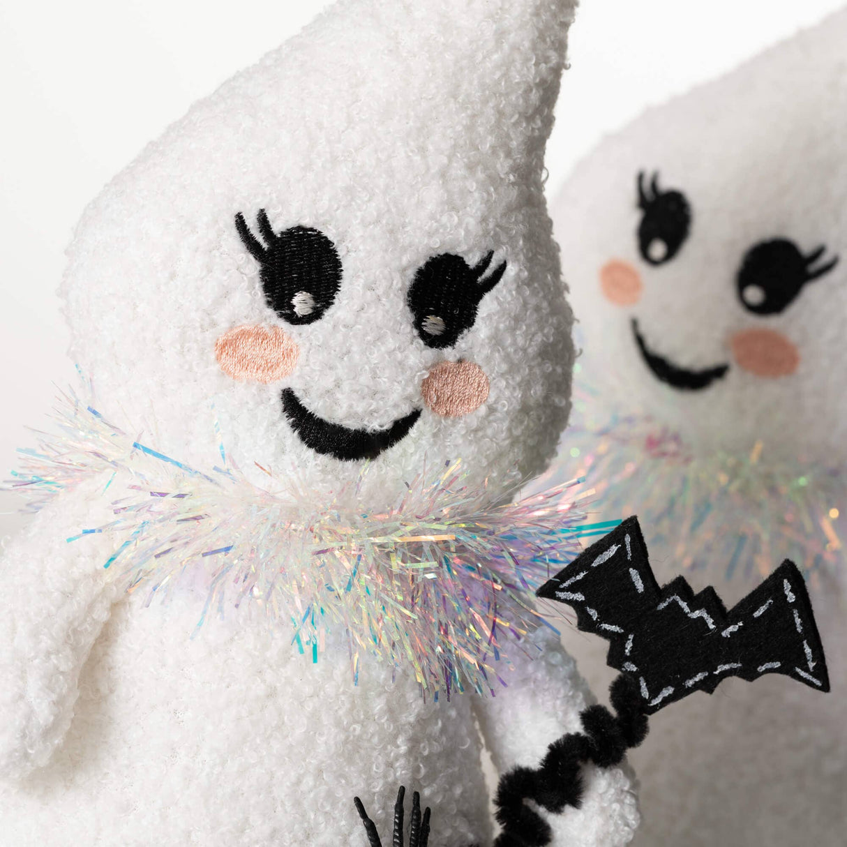 Festive Plush Ghost Pair – Halloween Figurines with Iridescent Accents & Weighted Bottoms