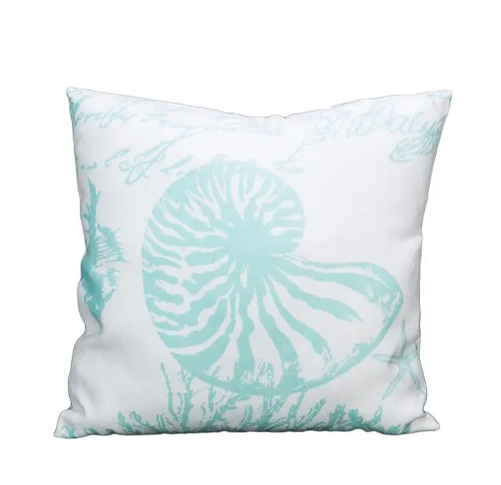 Beachcombers Coastal Life – Aqua Nautilus Shell Decorative Pillow – 13.5" Square