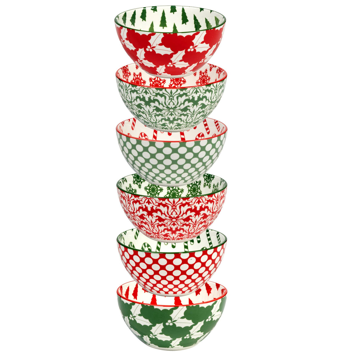 Winter Medley 4.75" porcelain all‑purpose bowl with assorted red and green Christmas patterns, decorated inside and out, by Certified International
