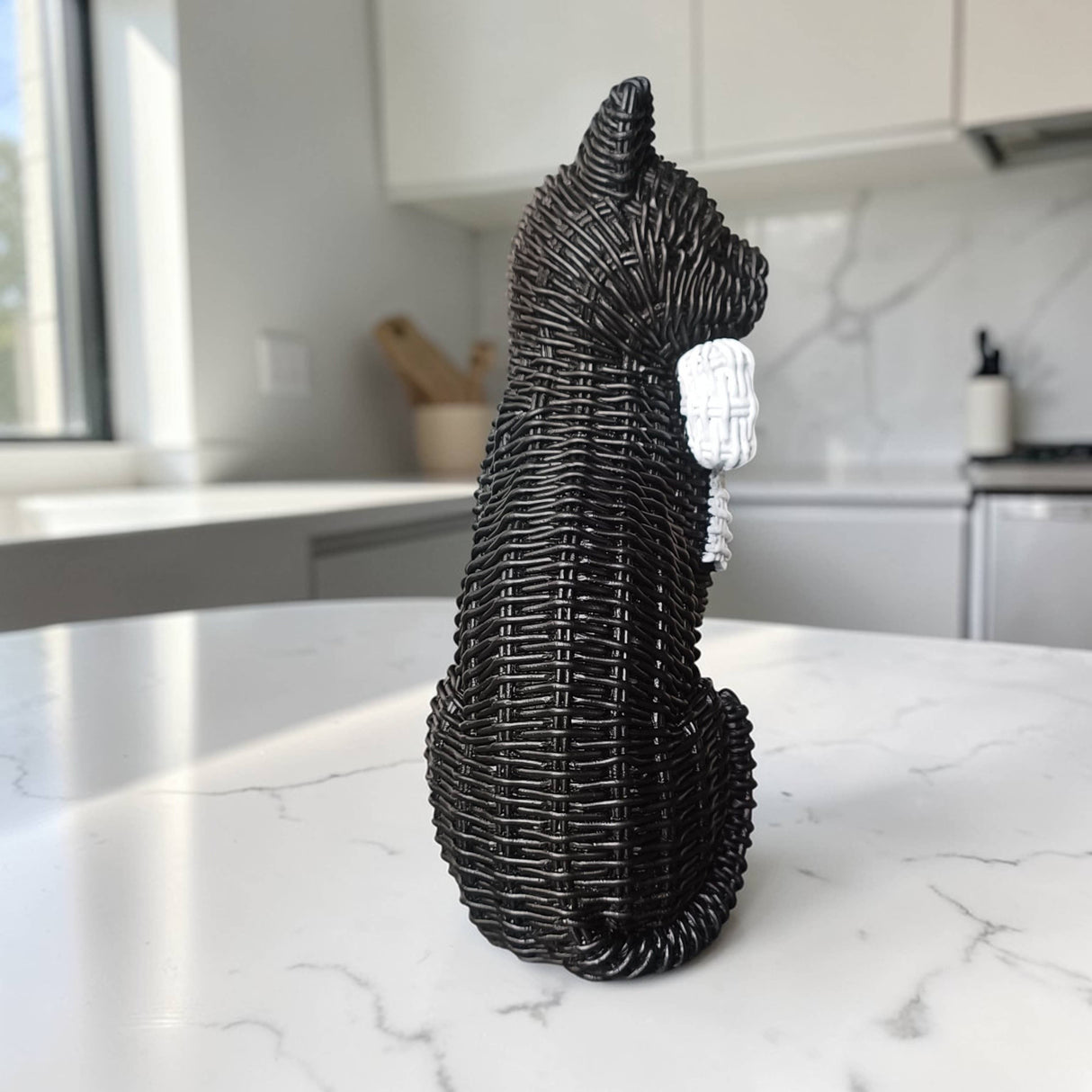 Black Cat Tabletop Décor – Resin Woven‑Rattan Look with Bow (Halloween & Fall Decor)