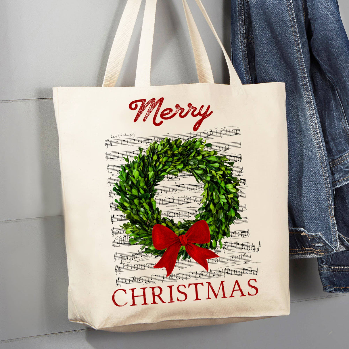Merry Christmas Boxwood Wreath Canvas Tote Bag