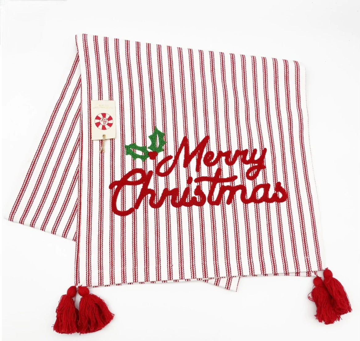 Merry Christmas Red & White Ticking Table Runner – 72"