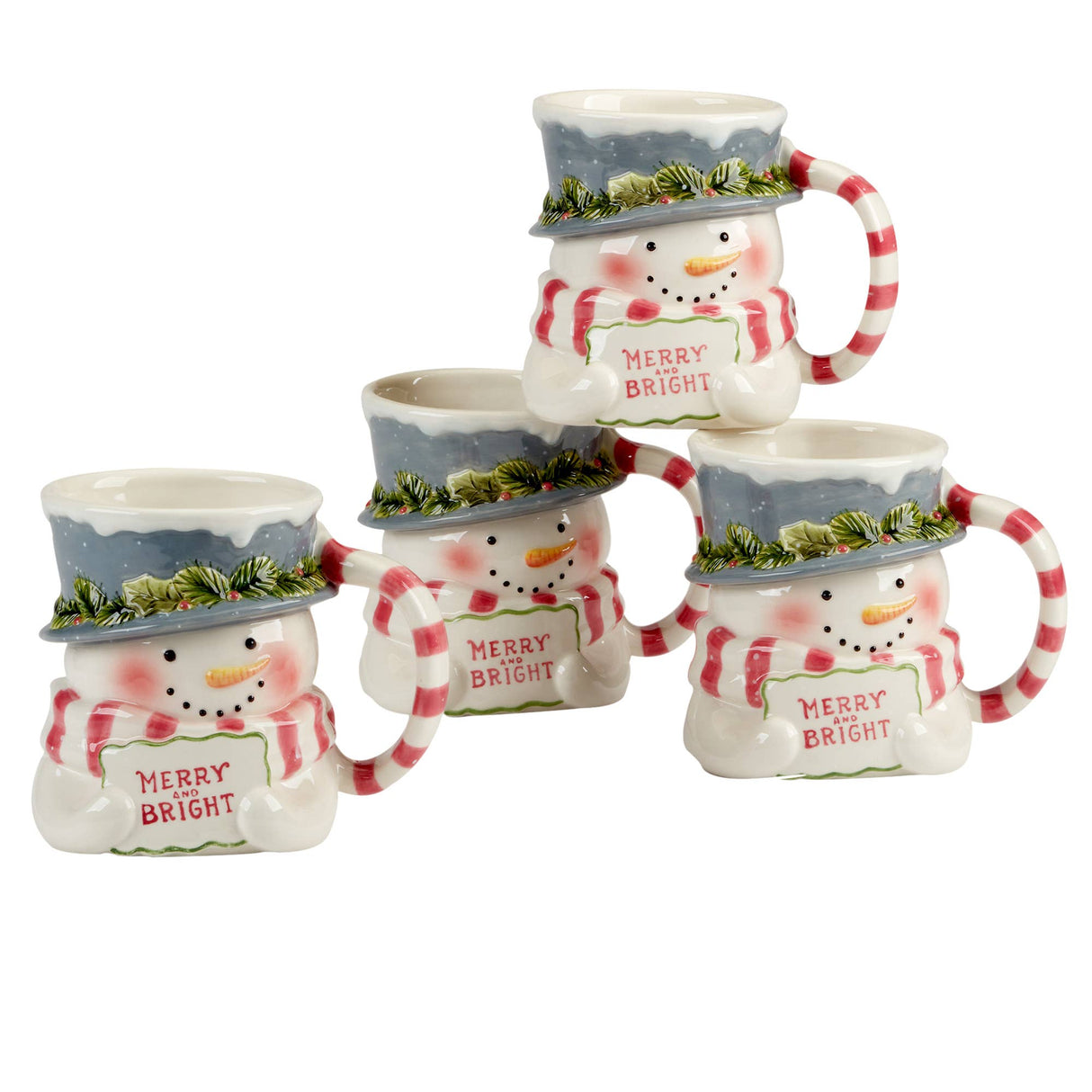 Set of four Christmas-themed mugs with snowmen design on a white background