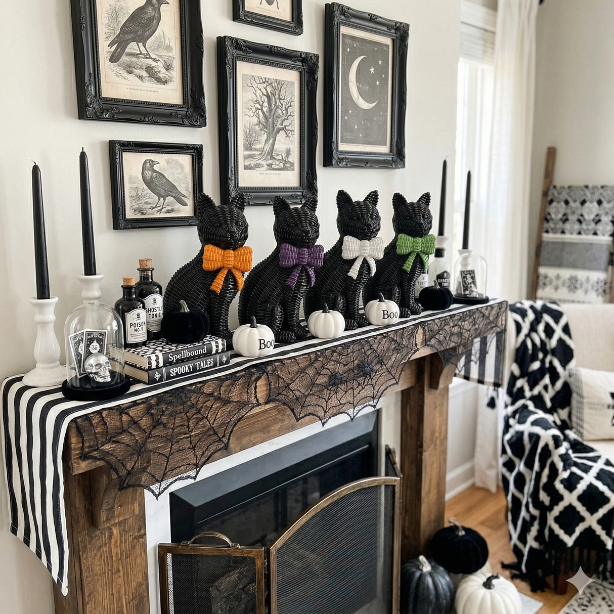 Black Cat Tabletop Décor – Resin Woven‑Rattan Look with Bow (Halloween & Fall Decor)