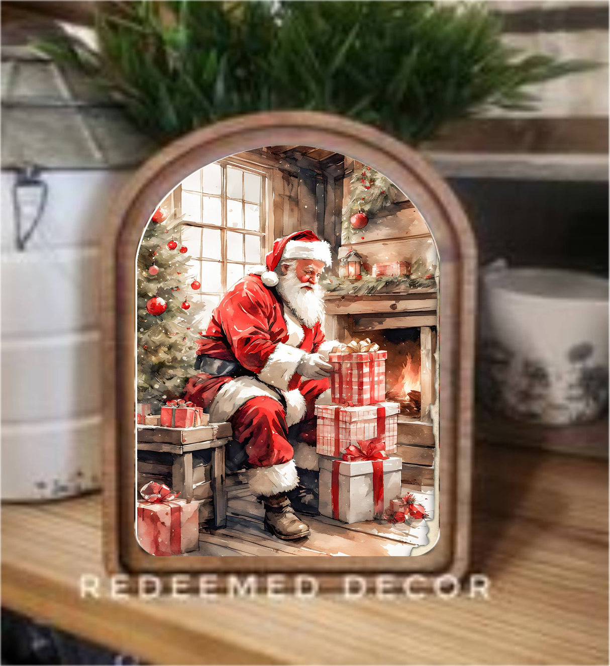 Santa With Gifts – 6” x 8” Arched Christmas Framed Art
