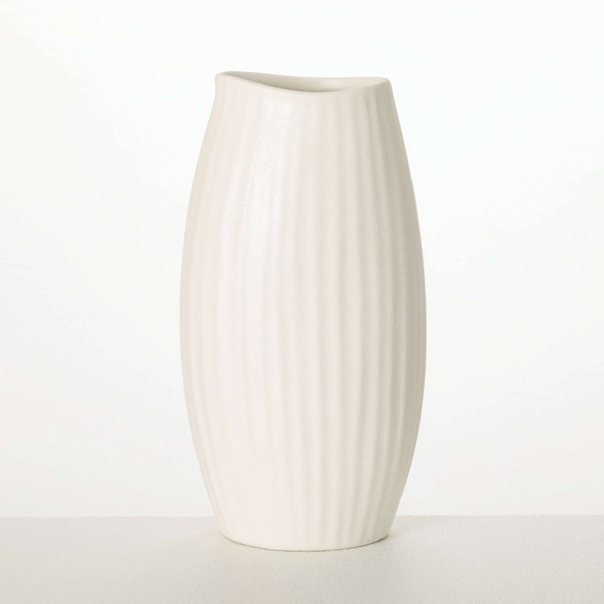 Textured White Ribbed Vase – Matte Ceramic Accent with Sculptural Detail