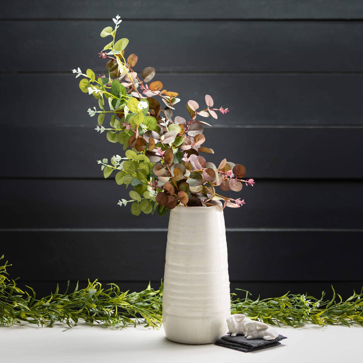 Ivory Glossed Vase – Crackled Ivory Ceramic with Subtle Ribbed Texture