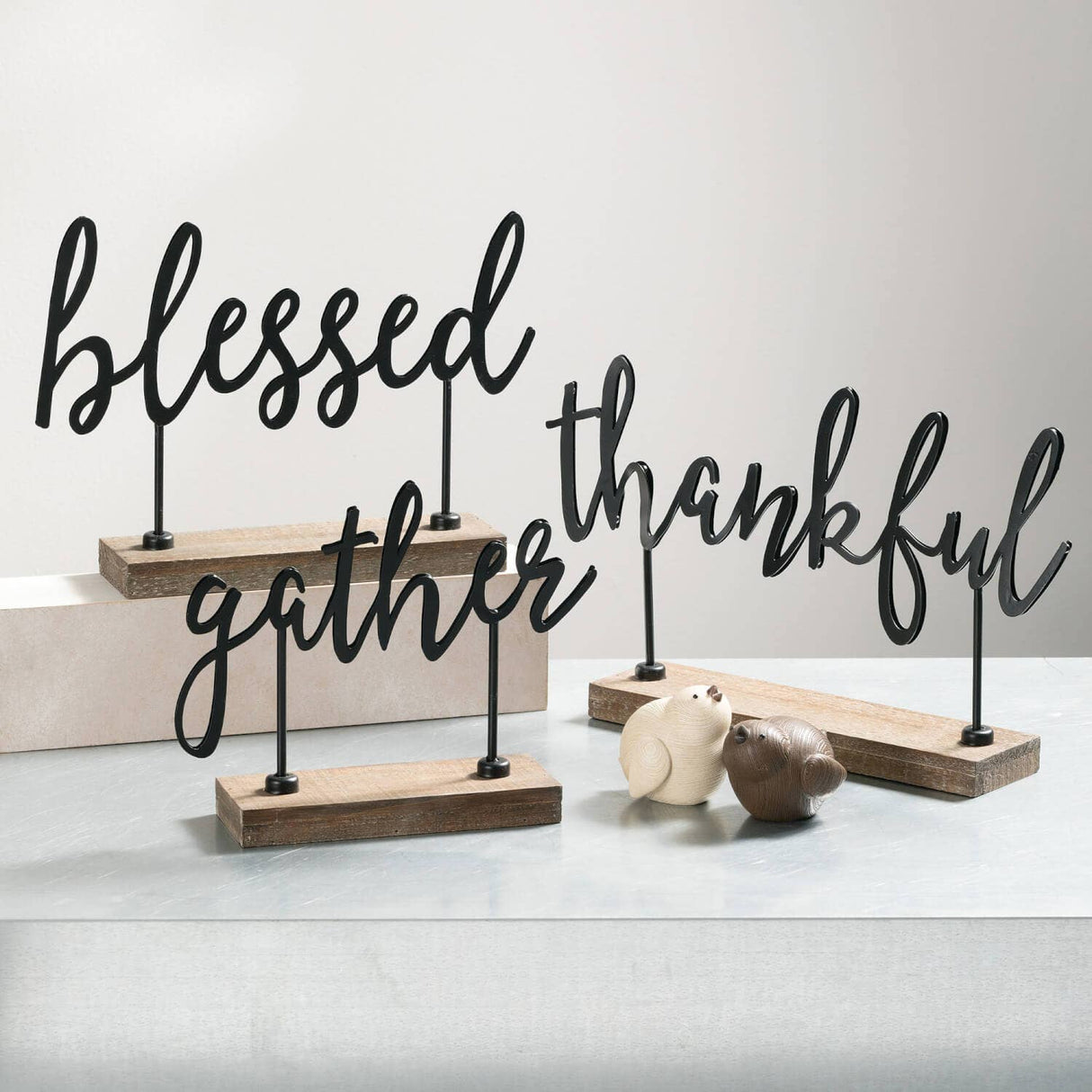 Sculpted Iron Word Signs on Fir Wood Base – “Blessed,” “Thankful,” or “Gather”