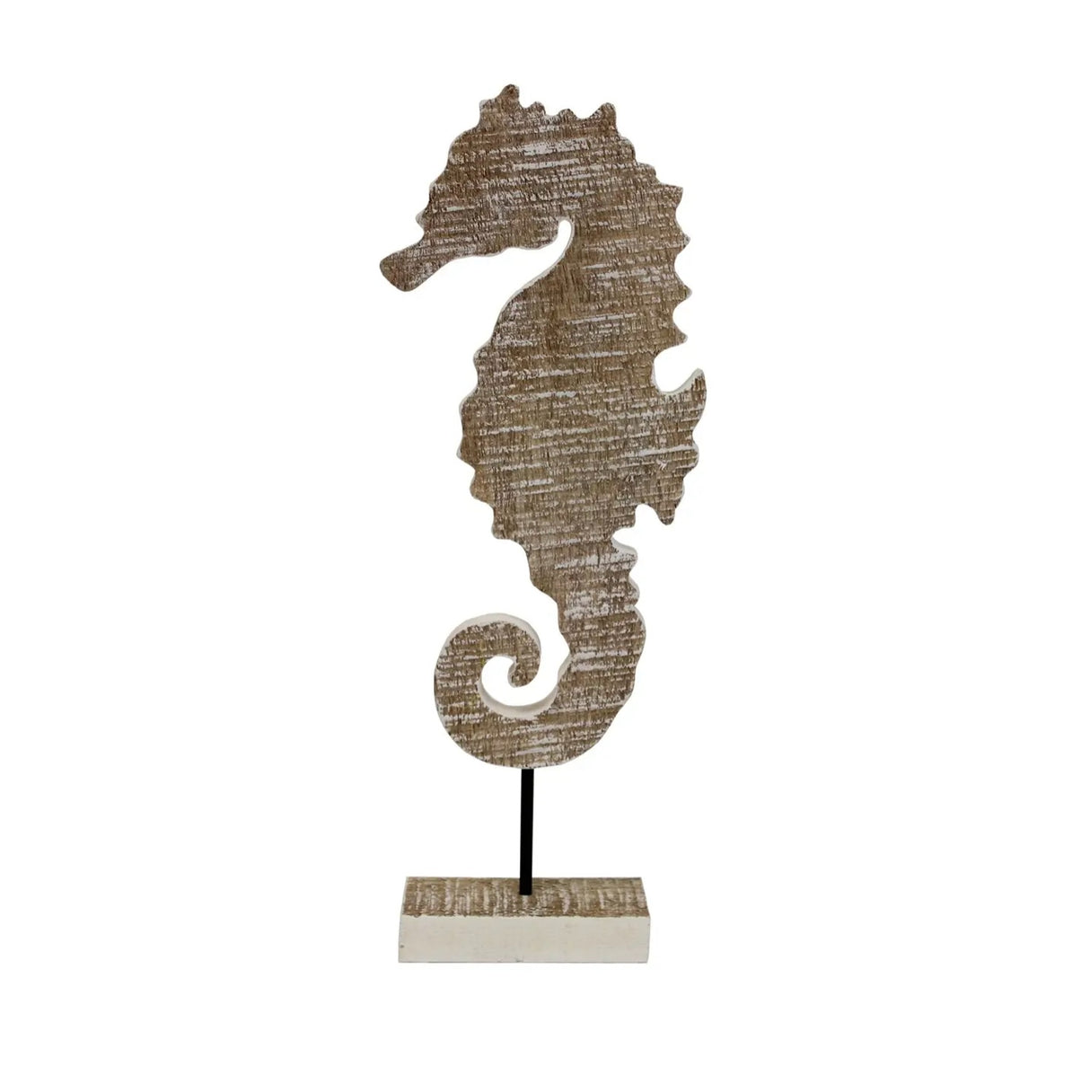 Large Wood Seahorse on Stand – Sculptural Coastal Accent for Entryways, Mantels, or Summer Displays