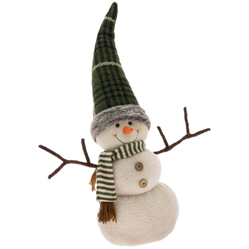 Berner Green Plaid Hat Snowman – Rustic Plush Winter Figurine with Faux Fur Trim