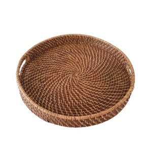 Handwoven Rattan Round Serving Tray – 16" with Built-In Handles