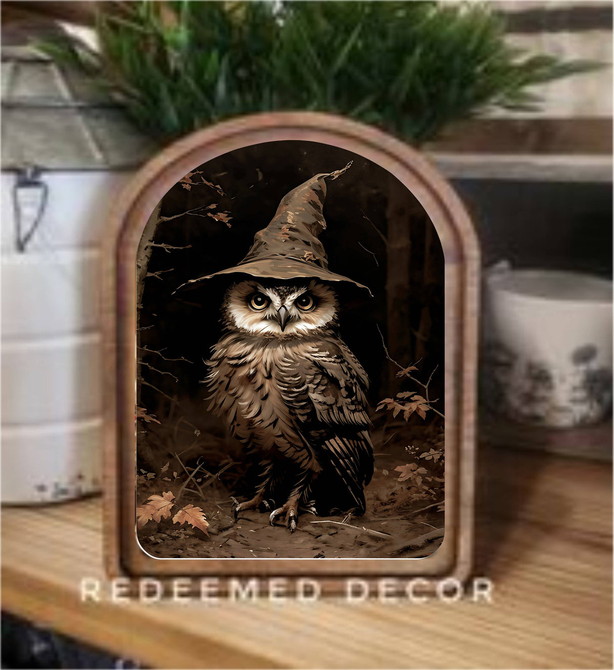 Enchanted Owl at Dusk – 6” x 8” Arched Halloween Framed Art
