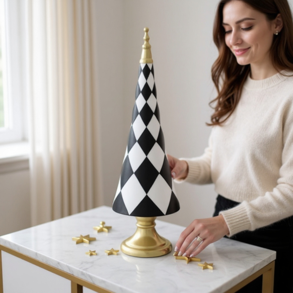 16" Black and White Cone Topiary Tree