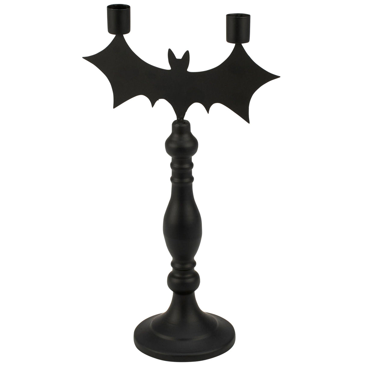 Matte black metal bat‑themed taper candle holder with two candle cups on the wings and a tall decorative base.