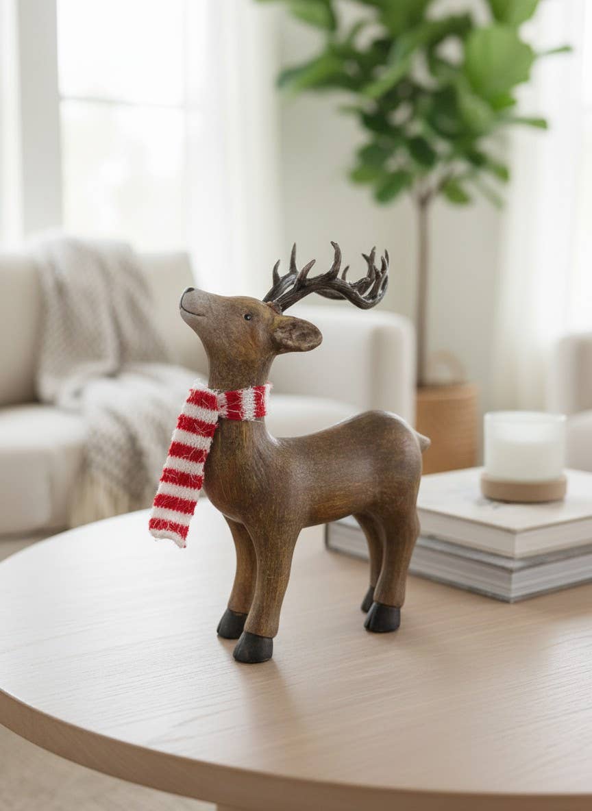Brown woodland deer figurine with a red scarf standing on a wooden table in a cozy holiday living room.