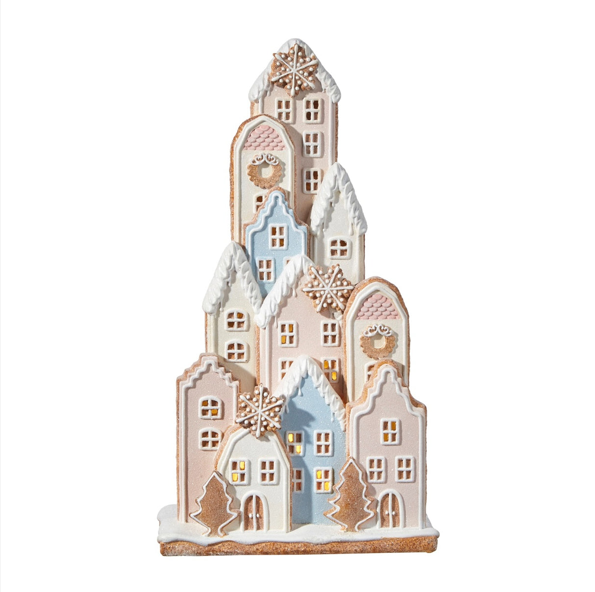Pastel Iced Gingerbread Lighted Village – Illuminated Resin Christmas Centerpiece