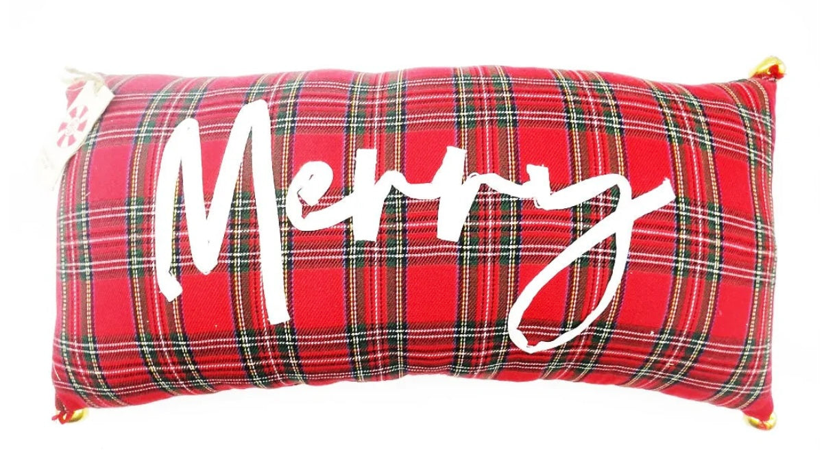 Tartan Lumbar Pillow – “Merry” Embroidered in White (10" x 24")