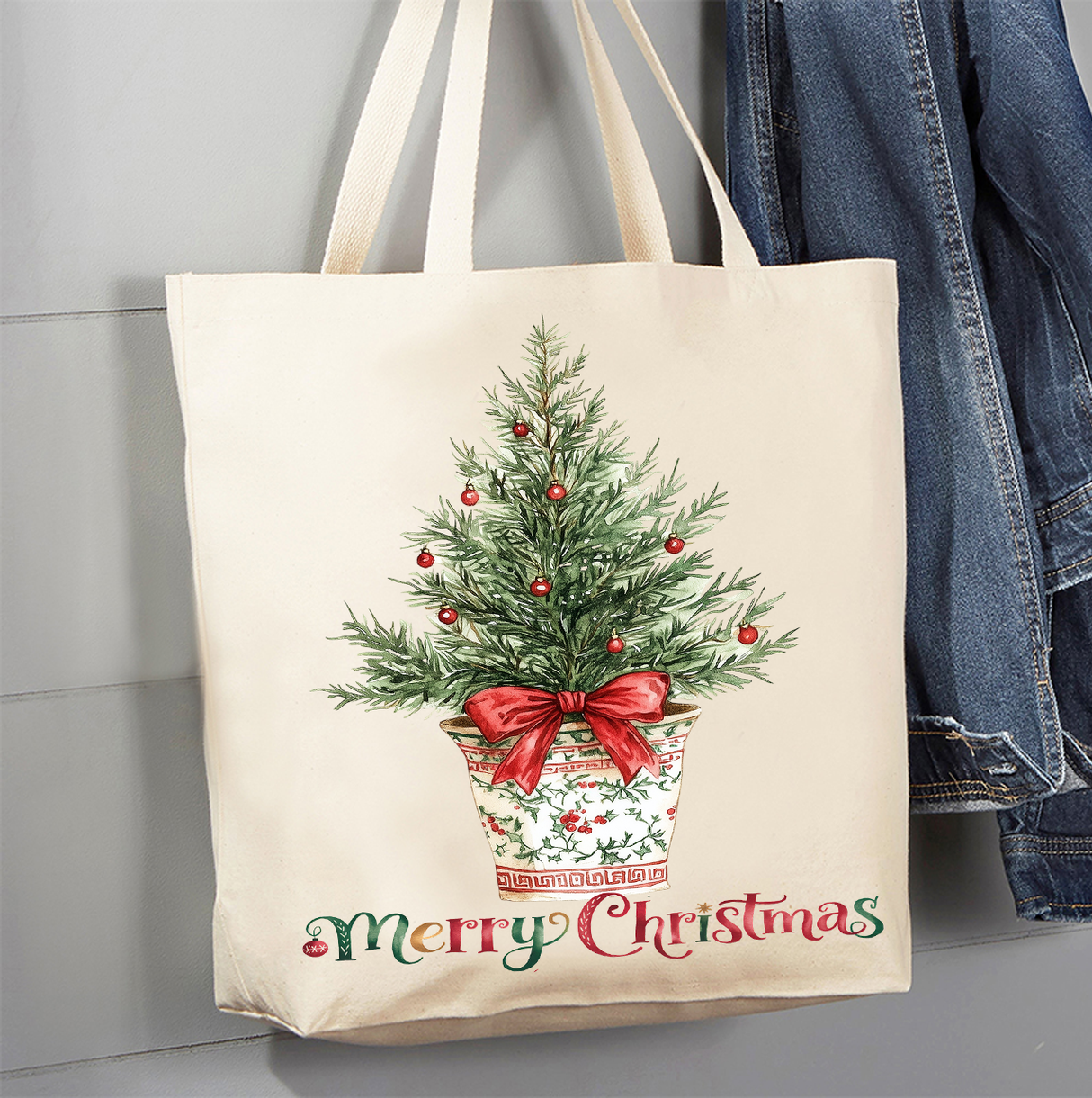 Christmas Watercolor Toile Tree Canvas Tote Bag