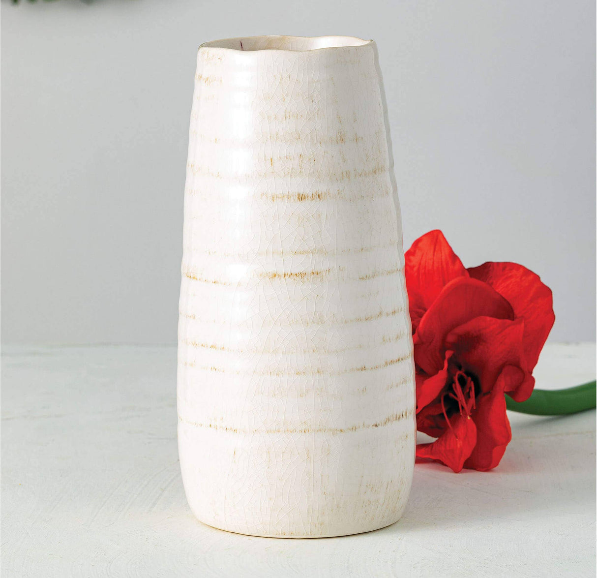 Ivory Glossed Vase – Crackled Ivory Ceramic with Subtle Ribbed Texture