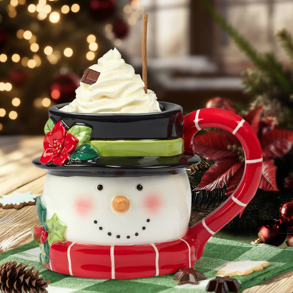 Snowman-themed mug with whipped cream and a candy cane handle on a festive background.