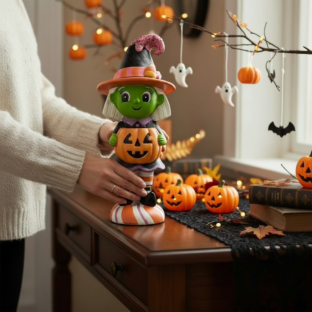 Person holding a colorful Halloween witch figurine in a festive display with pumpkins, fall décor, black gauze cloth, and hanging ghost and pumpkin accents.