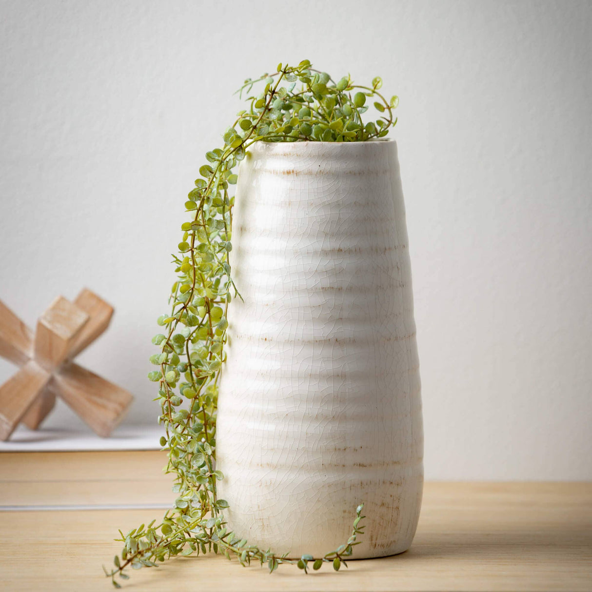 Ivory Glossed Vase – Crackled Ivory Ceramic with Subtle Ribbed Texture