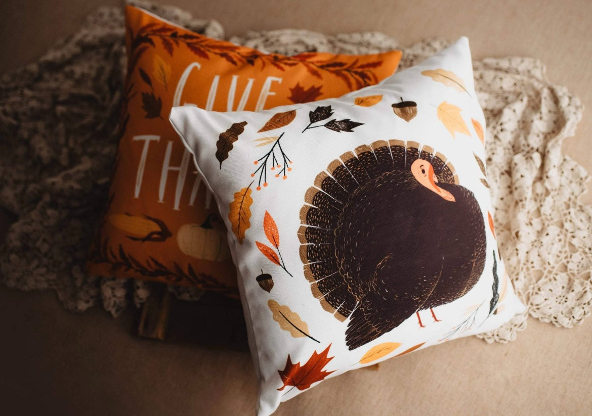 Fall Primitive Turkey Throw Pillow Cover – 12" x 12"