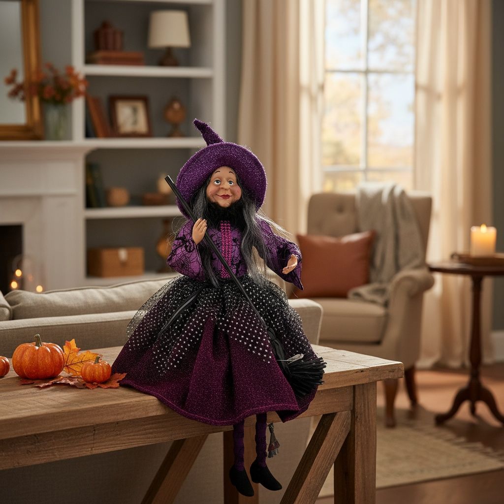 Purple‑dressed sitting witch figurine holding a broomstick on a wooden table surrounded by small pumpkins, with a cozy living room and fall décor in the background.