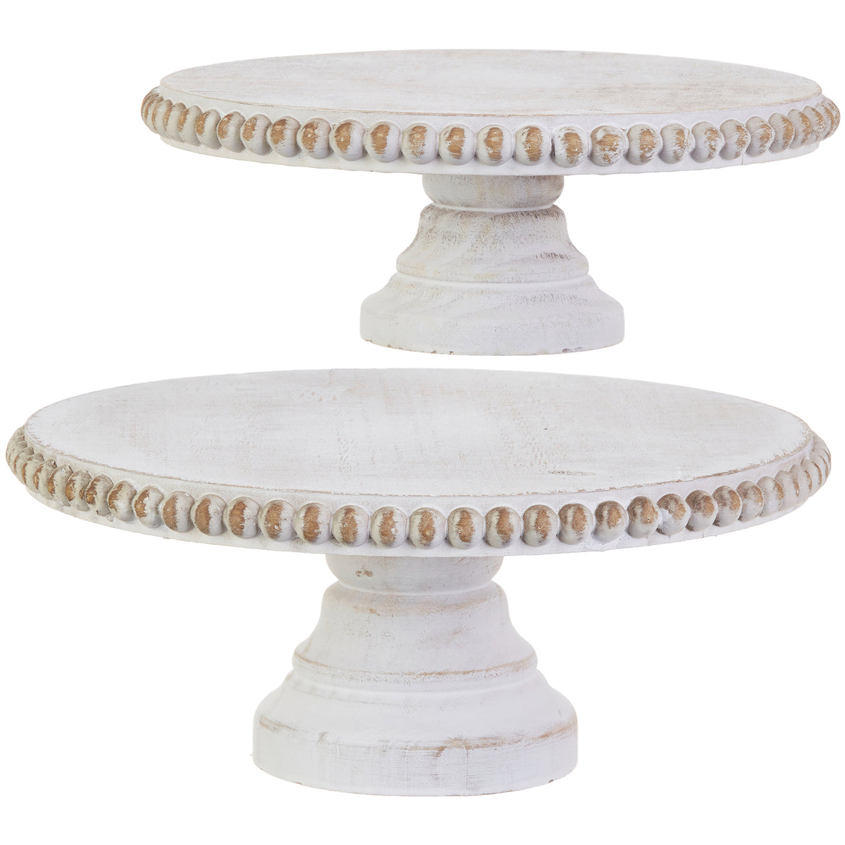 Set of 2 Whitewashed Beaded Edge Pedestals – 12.5" & 10.5" Round by RAZ Imports
