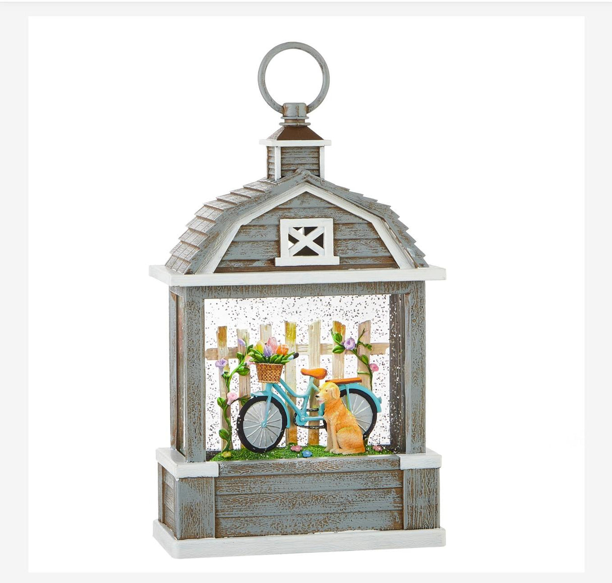 Bicycle & Dog Lighted Water Barn Lantern – Spring Glitter Scene