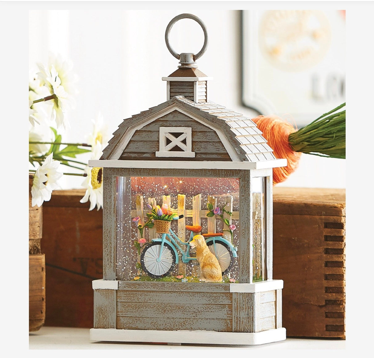 Bicycle & Dog Lighted Water Barn Lantern – Spring Glitter Scene