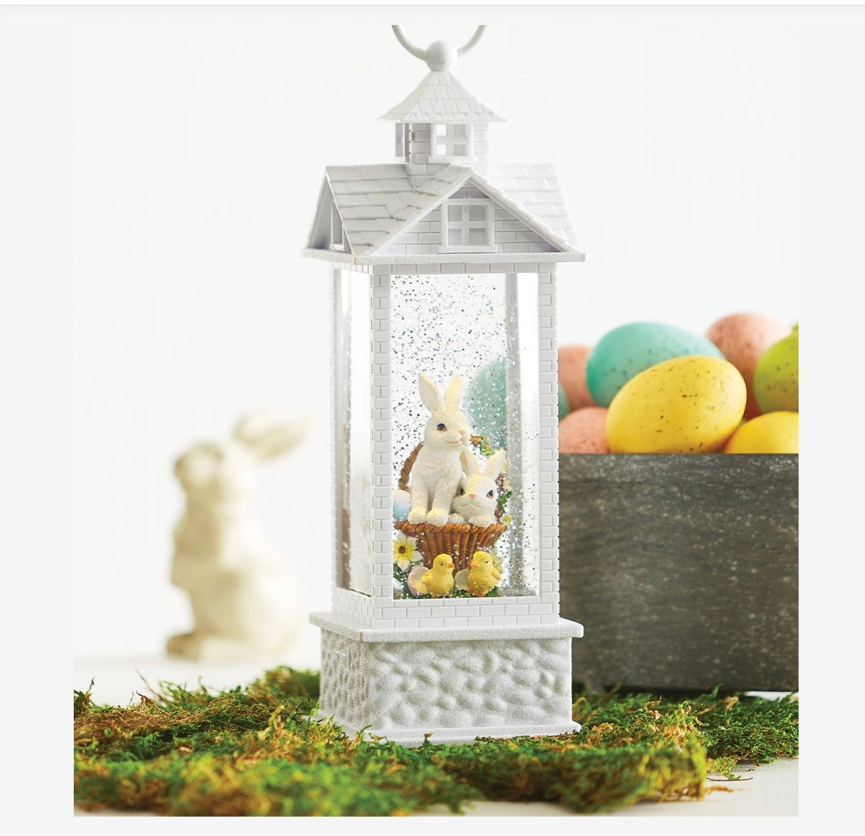 Bunnies in Basket Lighted Water Lantern – White Gazebo