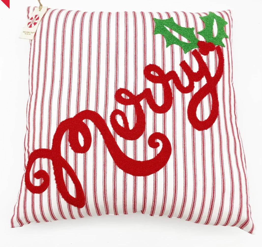 Christmas Ticking “Merry” Square Pillow – 20" x 20"