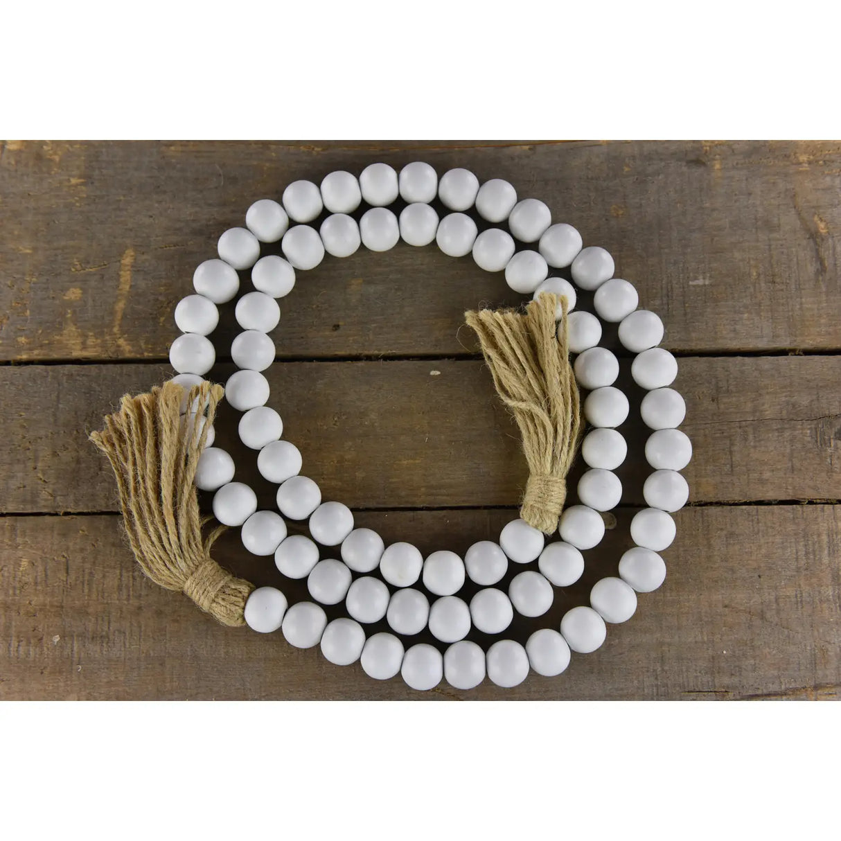 Whispers of White Beaded Garland – 60" Whitewashed Wood with Jute Tassels