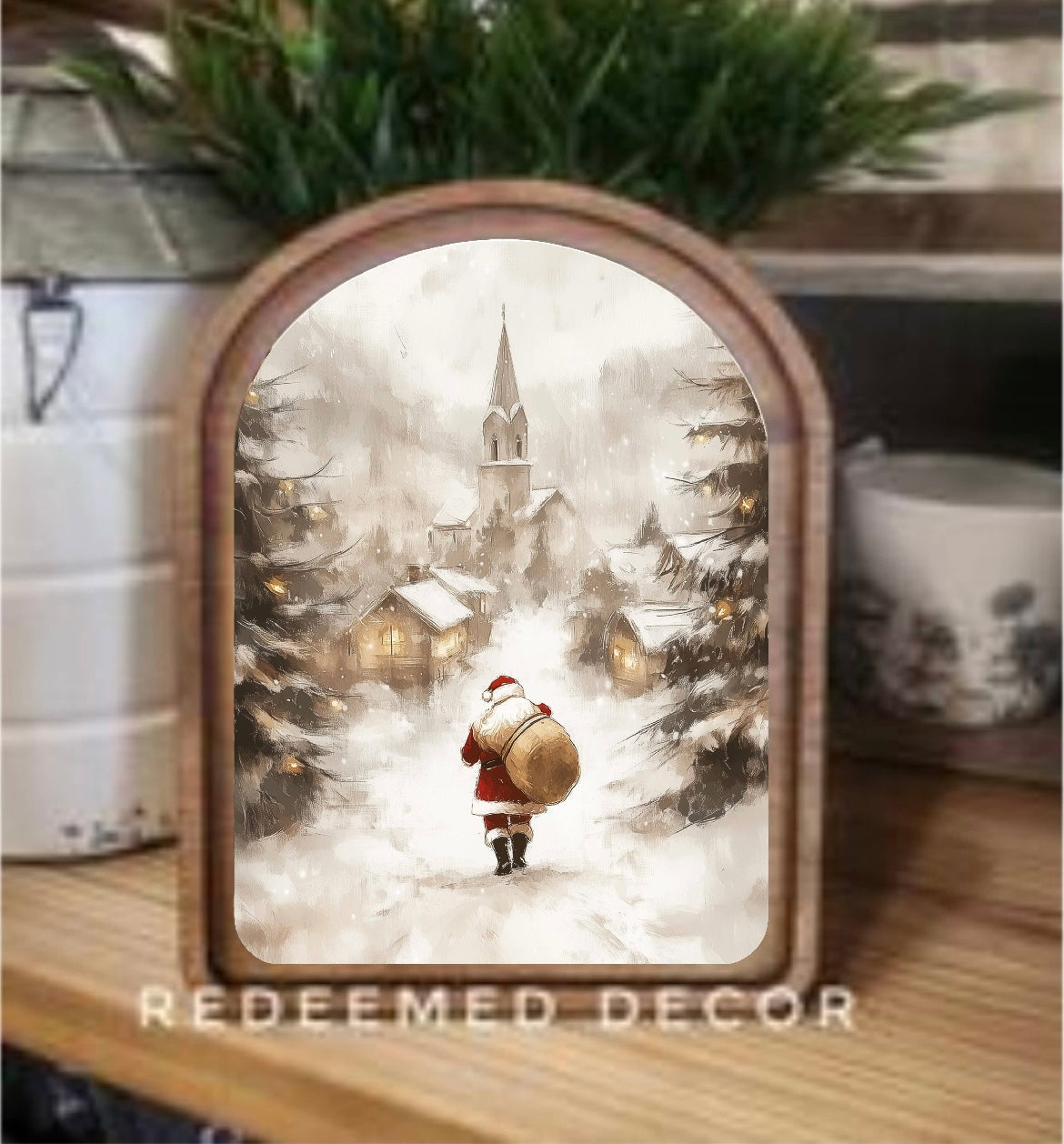 Santa’s Walk to the Chapel – Round or Arched Village Canvas Art
