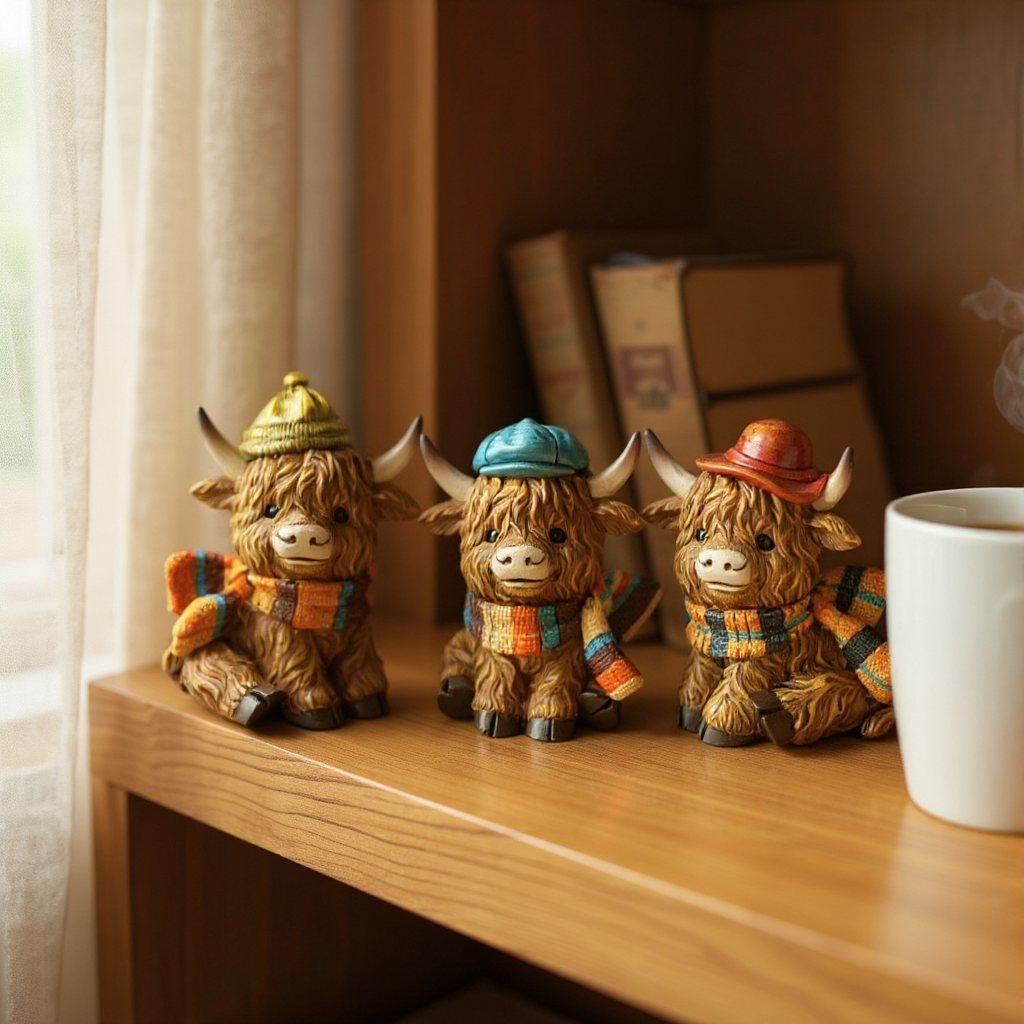 Autumn Highland Cow Tabletop Set – Resin Fall Accent Trio Figurines