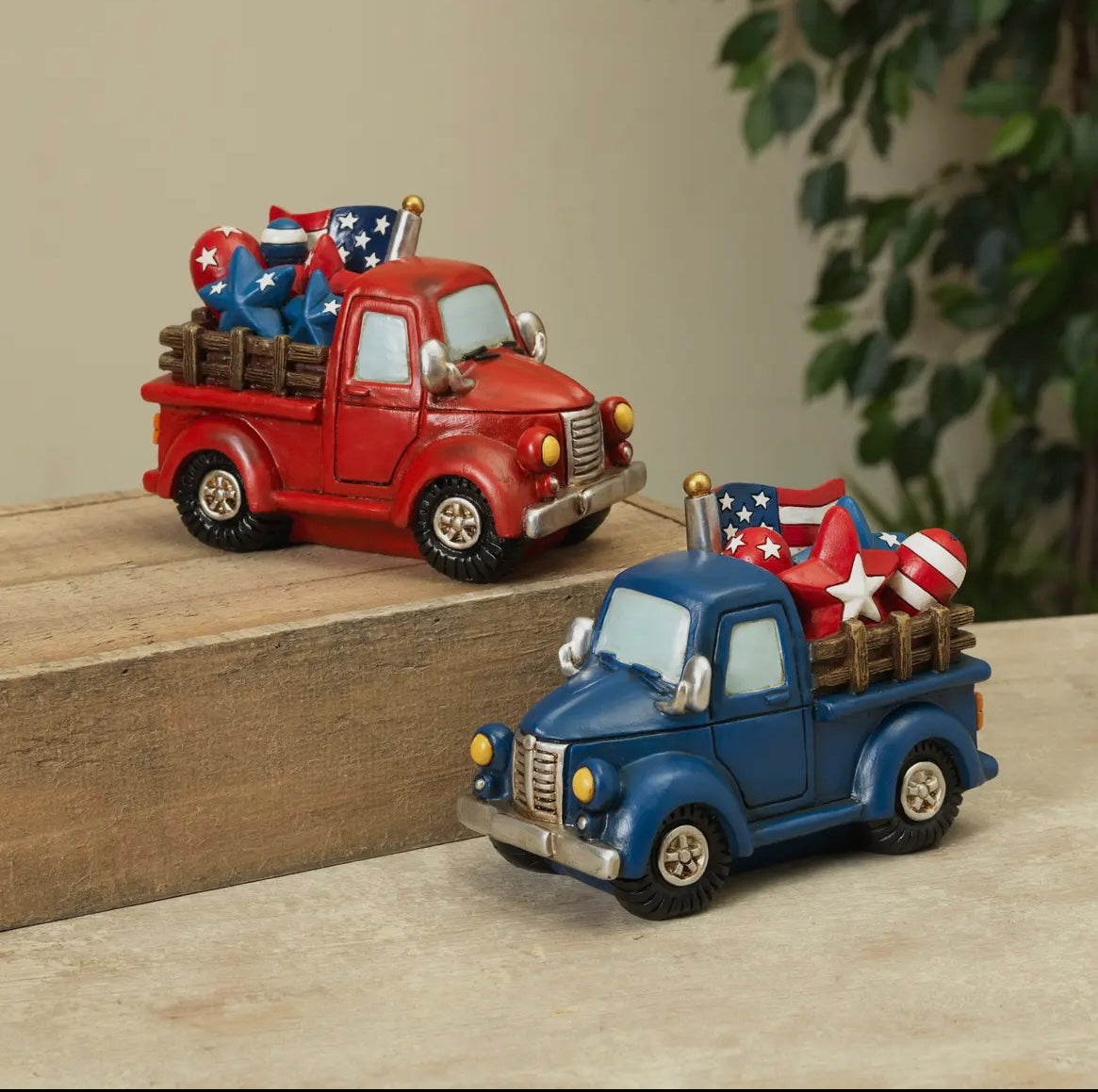 Patriotic Vintage Truck Figurines – Choice of Red or Blue | Americana Shelf & Tray Decor