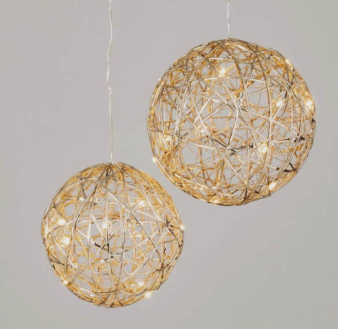 Lighted Hanging Ball Ornaments – Set of 2 | Silver or Gold Metal Globes with LED Lights