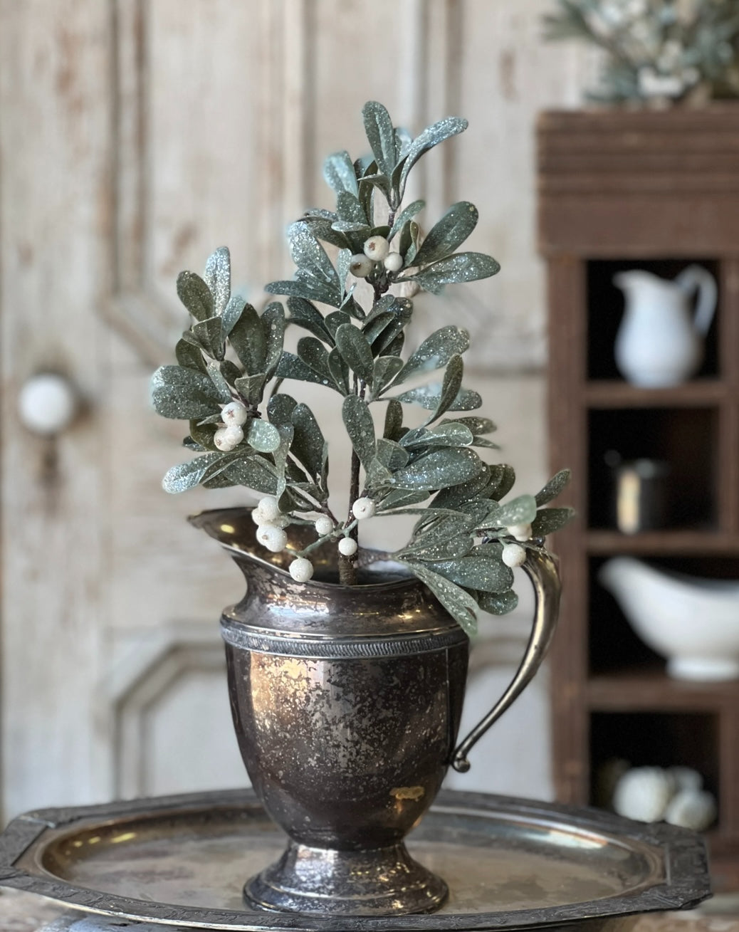 Iced Kissed Mistletoe Pick – 16" Glittered Accent Stem