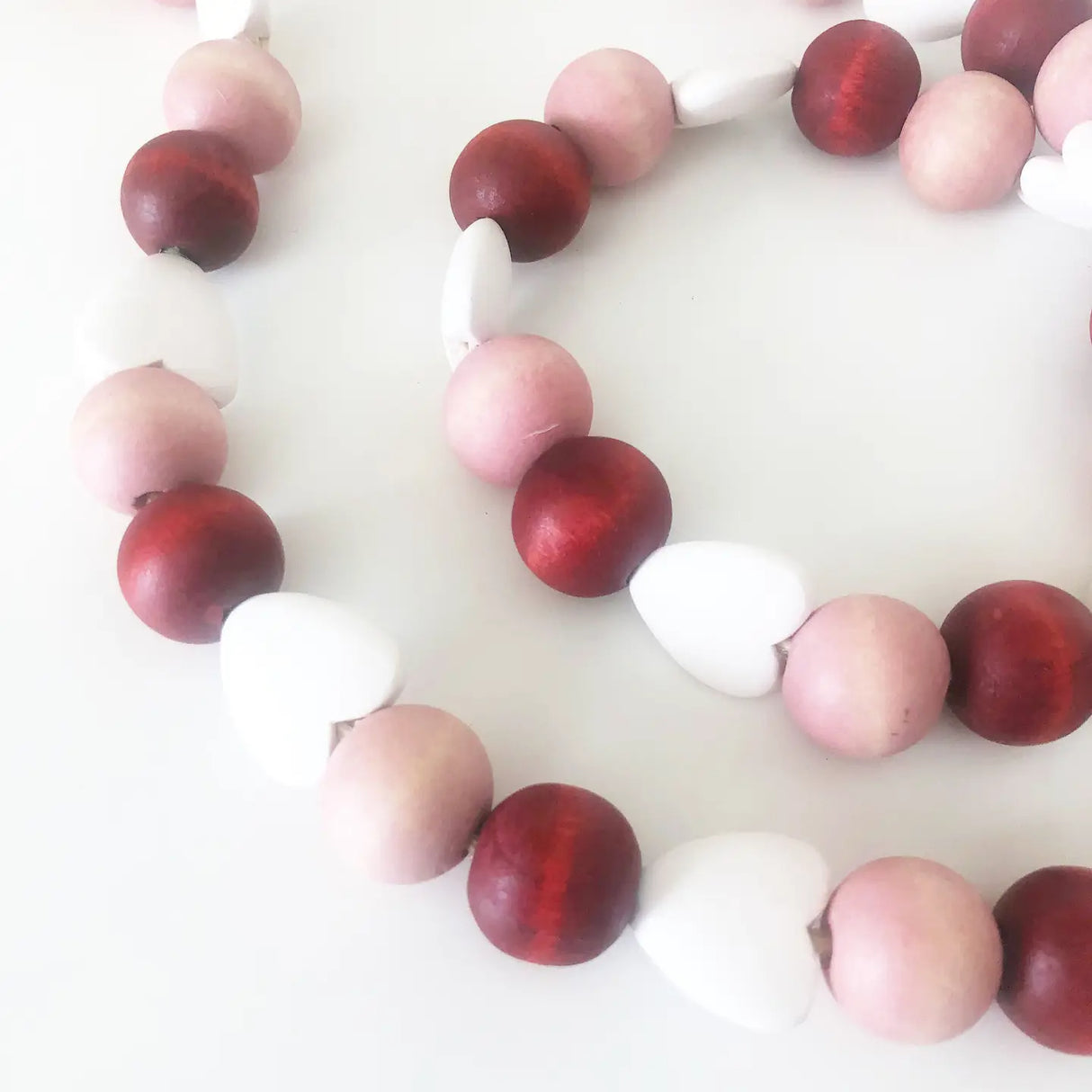 Love Notes & Lace Beaded Garland – Real Wood Beads in Red, Pink & White Heart Shapes