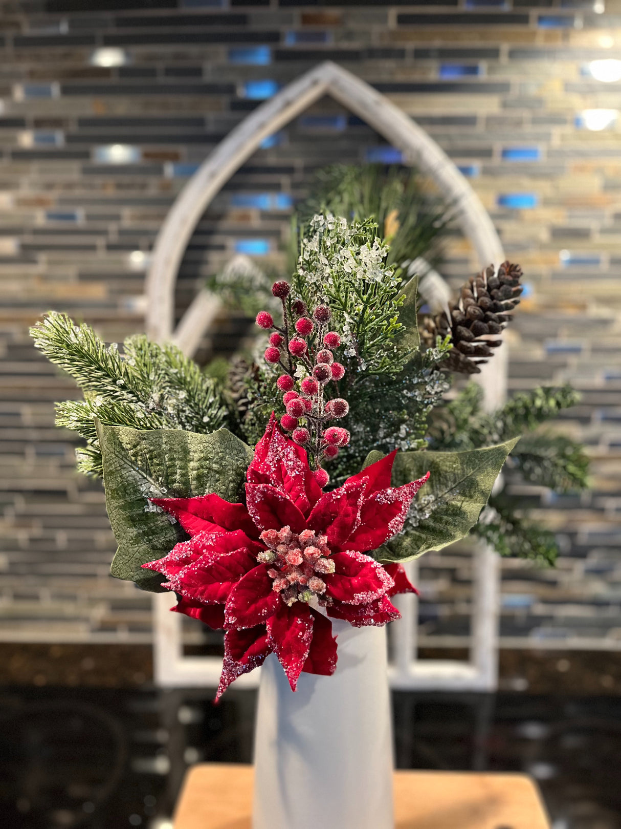 Red Velvet Poinsettia Pick with Frosted Berries & Pine – 20″ Holiday Floral Stem by Regency