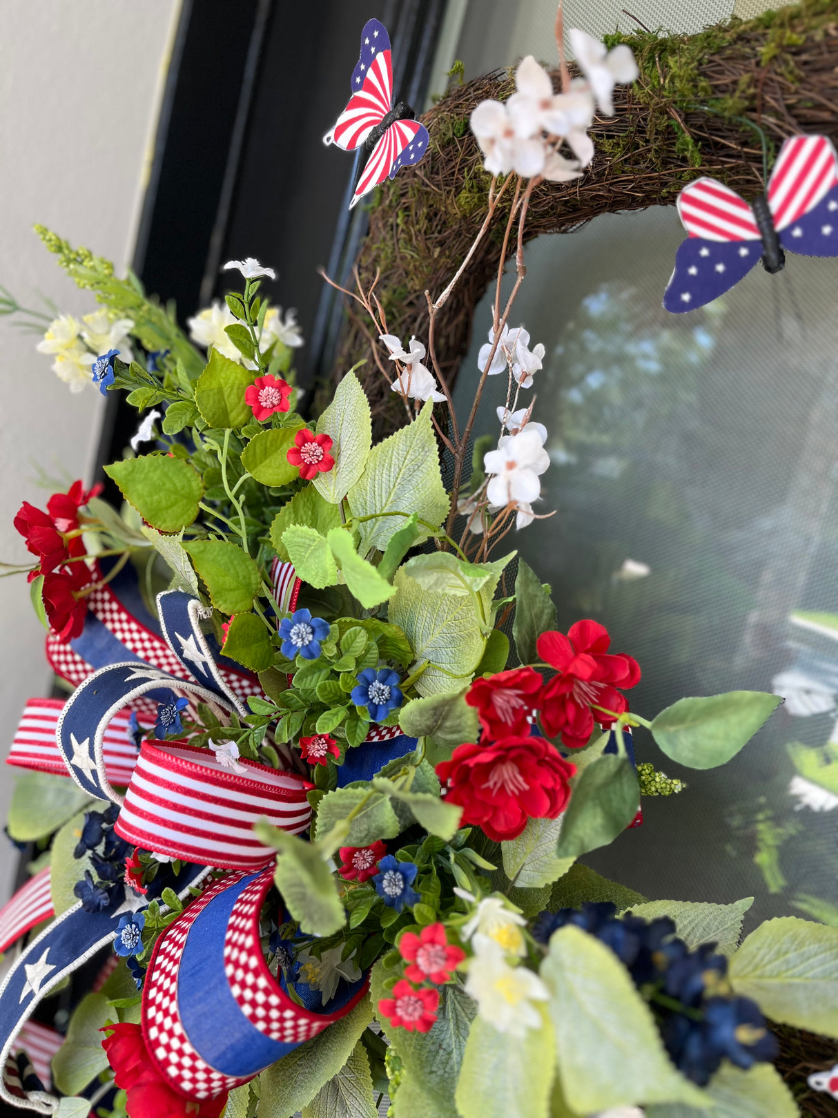 Square Patriotic Butterfly Wreath – Designer Ribbon Americana Door Decor