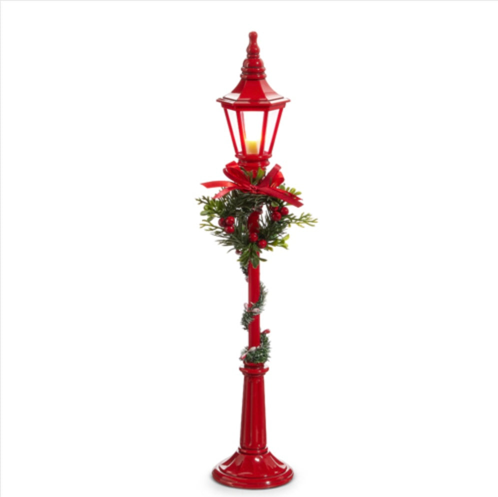 Lighted Christmas Lamp Post – 18.5" Red or Black with Garland & Wreath