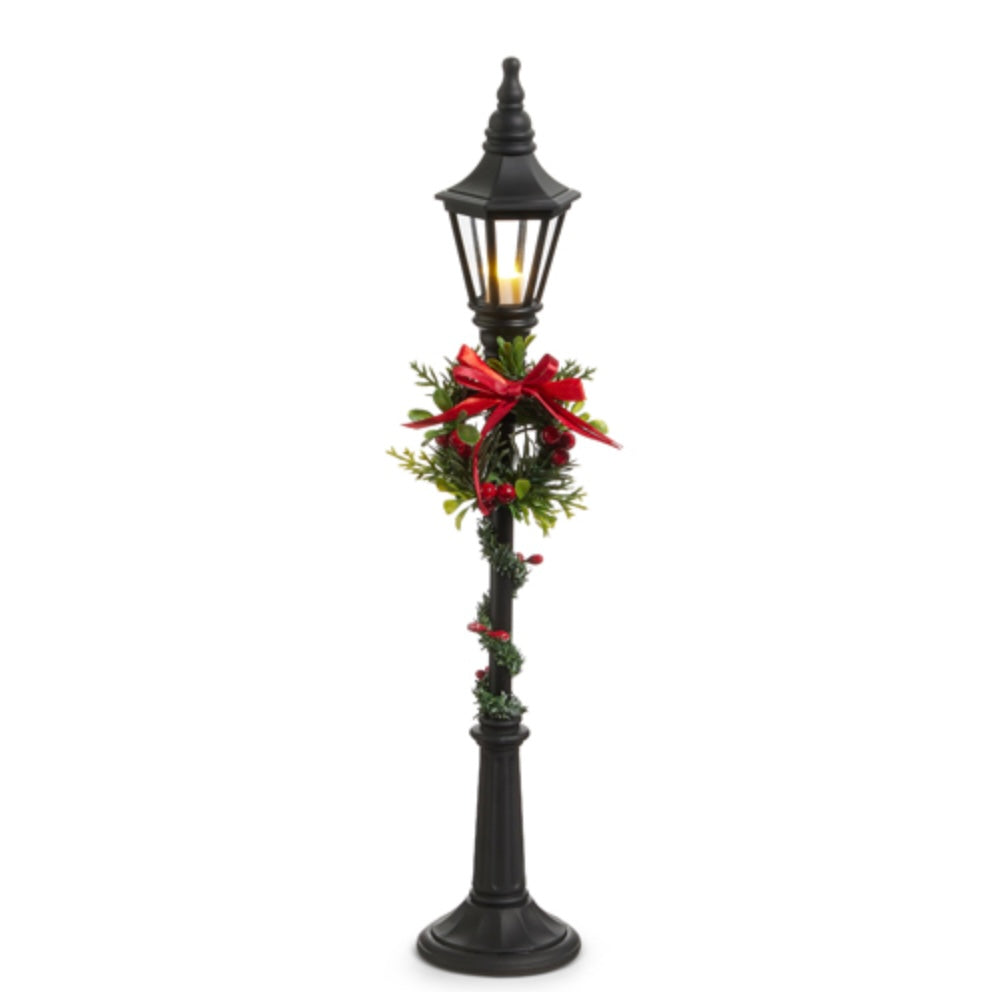 Lighted Christmas Lamp Post – 18.5" Red or Black with Garland & Wreath