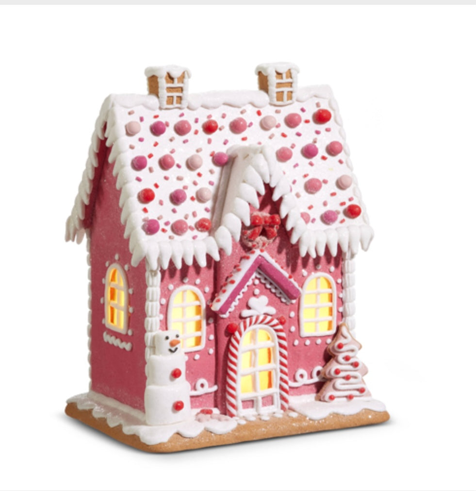 Lighted Pink Gingerbread House – 11.5" Clay Dough Christmas Tabletop Accent