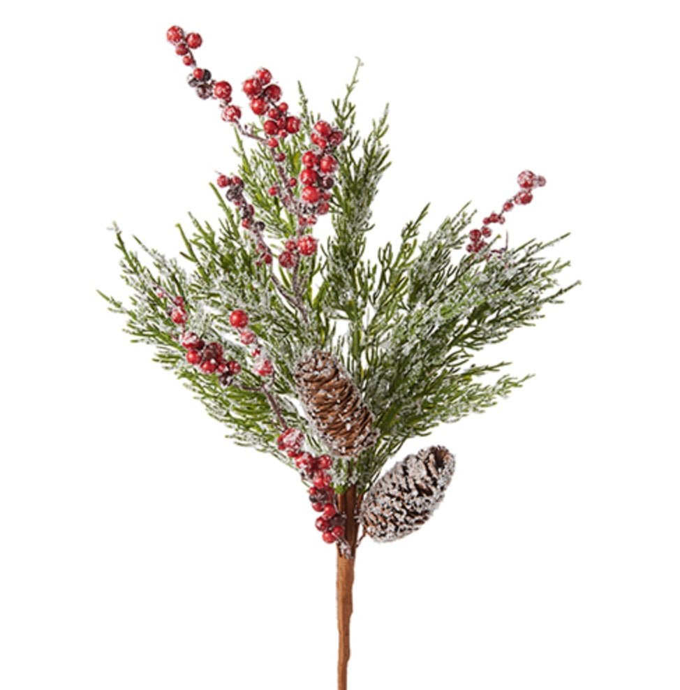 Winter Greenery Spray –28" Iced Faux Pine, Cedar & Berry Accent