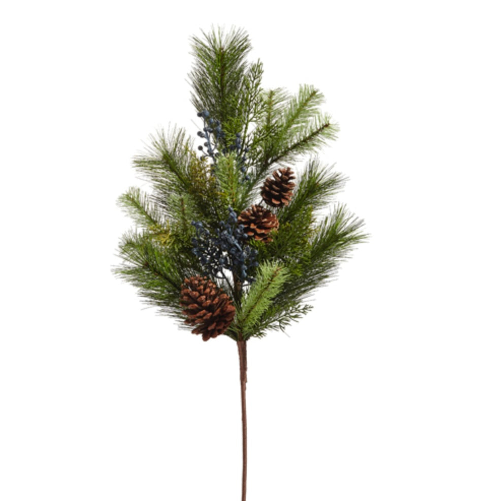 Mixed Pine Spray with Blue Berries – 28" Faux Winter Greenery Accent
