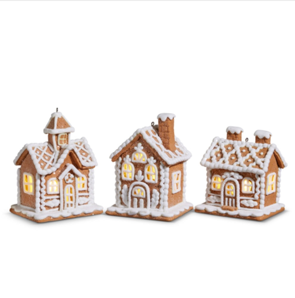 Lighted Gingerbread House Ornaments – 3.5"–4.25" Clay Dough Holiday Accents